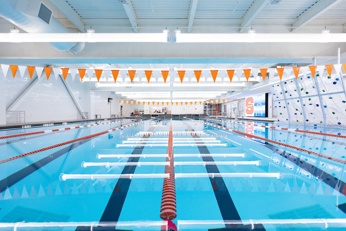 Syracuse University Barnes Center at The Arch aquatics lap and recreation pool.