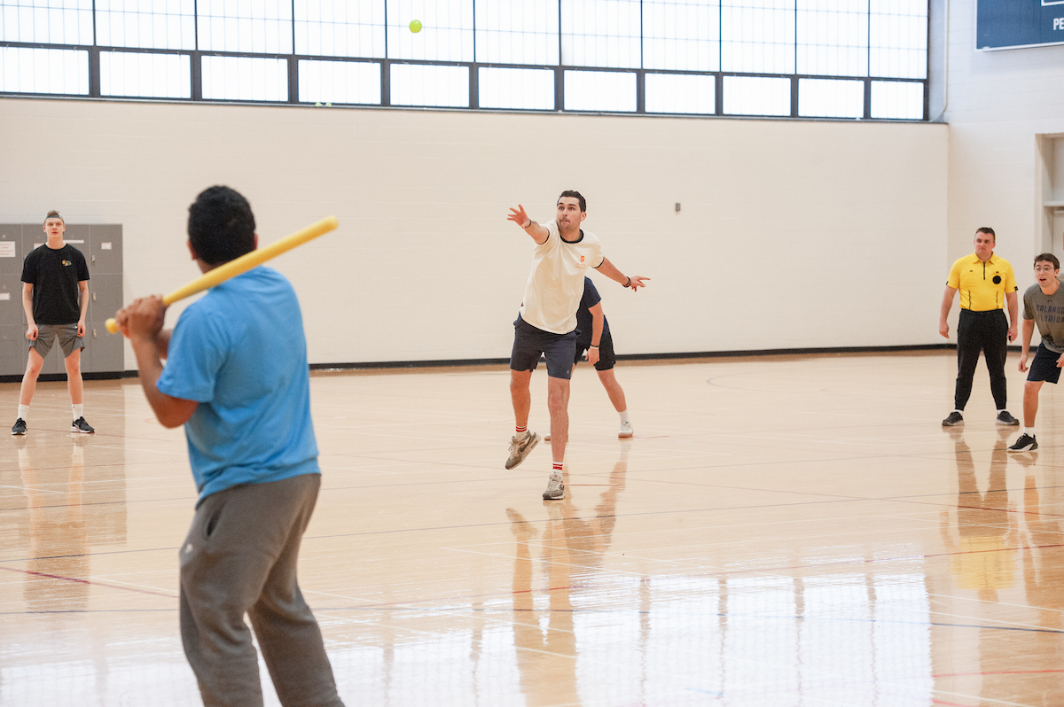 Syracuse University Barnes Center at The Arch Intramural wiffle ball league is in full effect, as students compete with friends and peers.