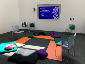 Syracuse University Barnes Center at The Arch Sober Cuse meeting space includes a welcoming circle, comfortable varying seating options and more.