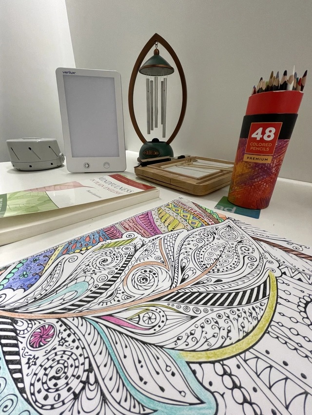 A variety of MindSpa items including coloring materials, windchimes, a light therapy box and a zen garden, laid out on a table in the MindSpa.