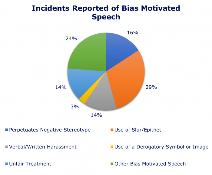 Pie chart showing percentage breakdown of incidents reported of bias motivated speech