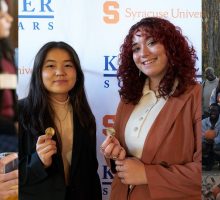 Collage of three photos consisting of a student talking, two students posing with their Kessler Challenge Coins and a group of students holding pumpkins at a pumpkin patch.