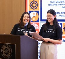Two members of the campus community speaking at AAPI Heritage Month Kickoff