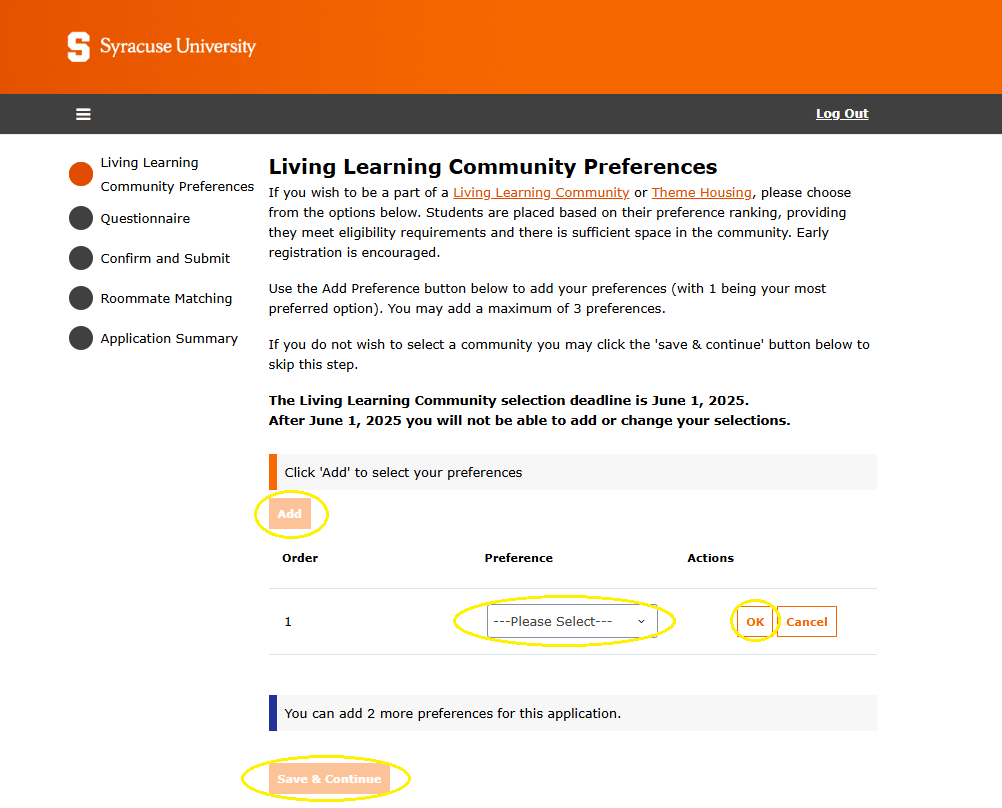 Incoming Students Living Learning Community Application Process Screenshot