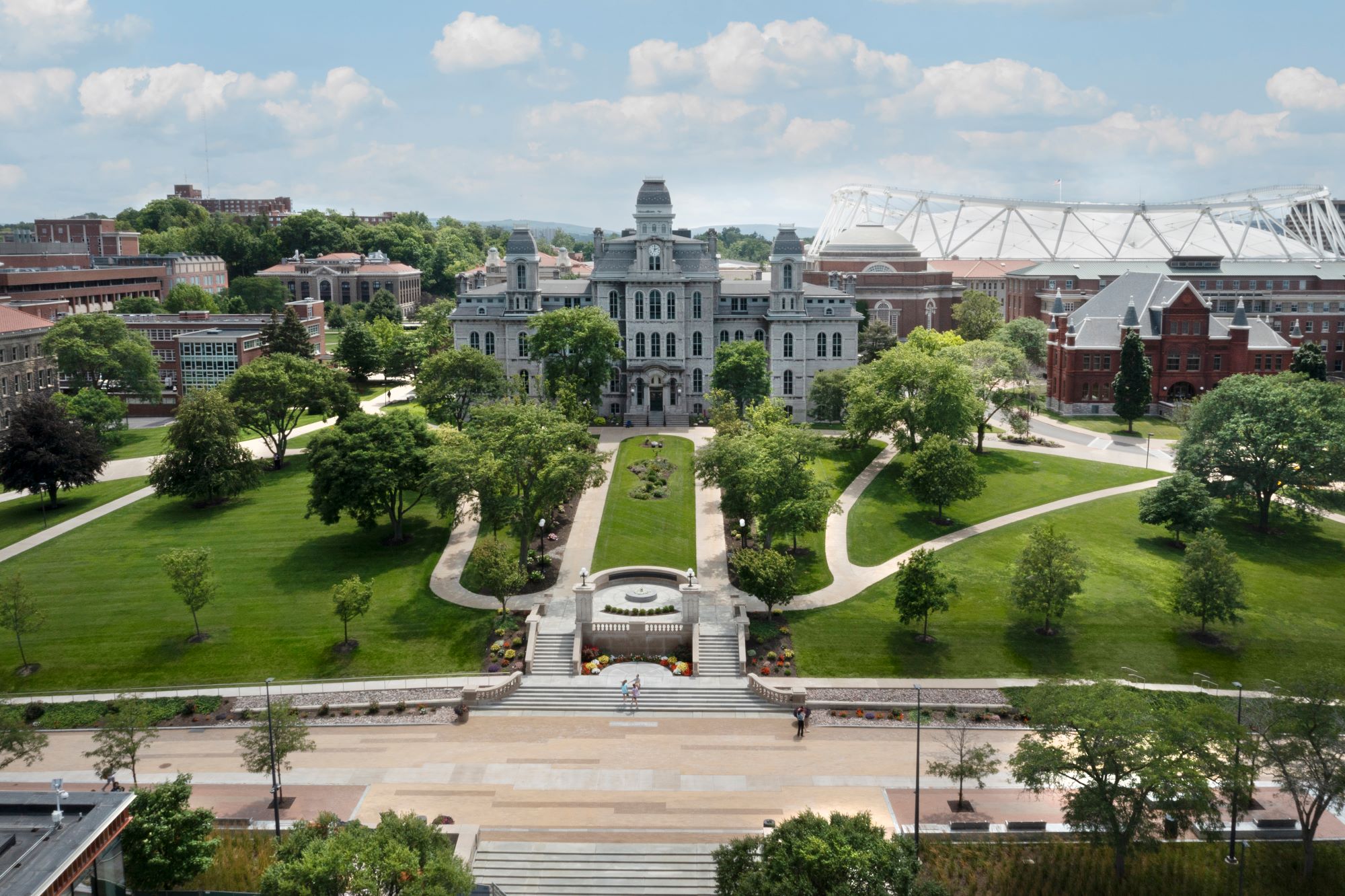 Large ariel view of campus including Hall of Languages, the stadium and more.