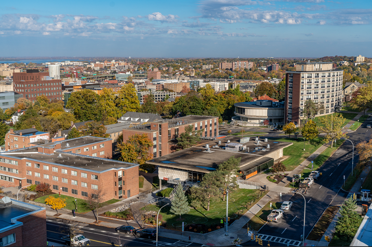 A drone shot of Watson, Kimmel and Haven halls