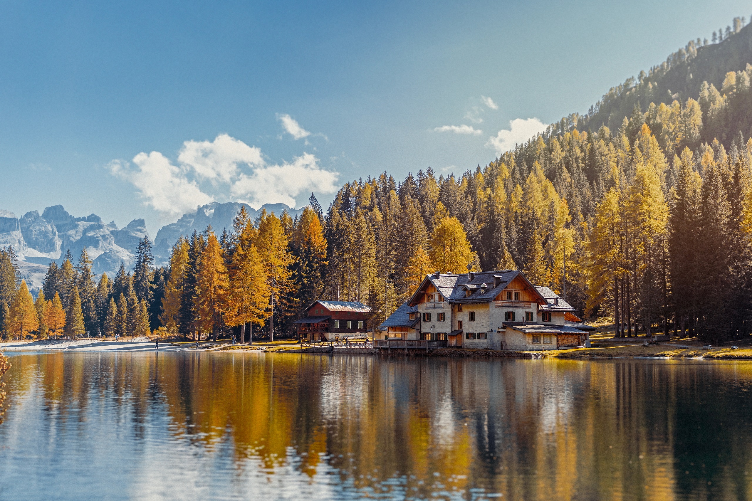 A rustic house on a lake with woods behind it