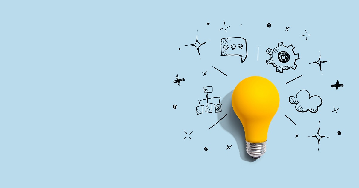 A lightbulb with drawings around it on a light blue background.