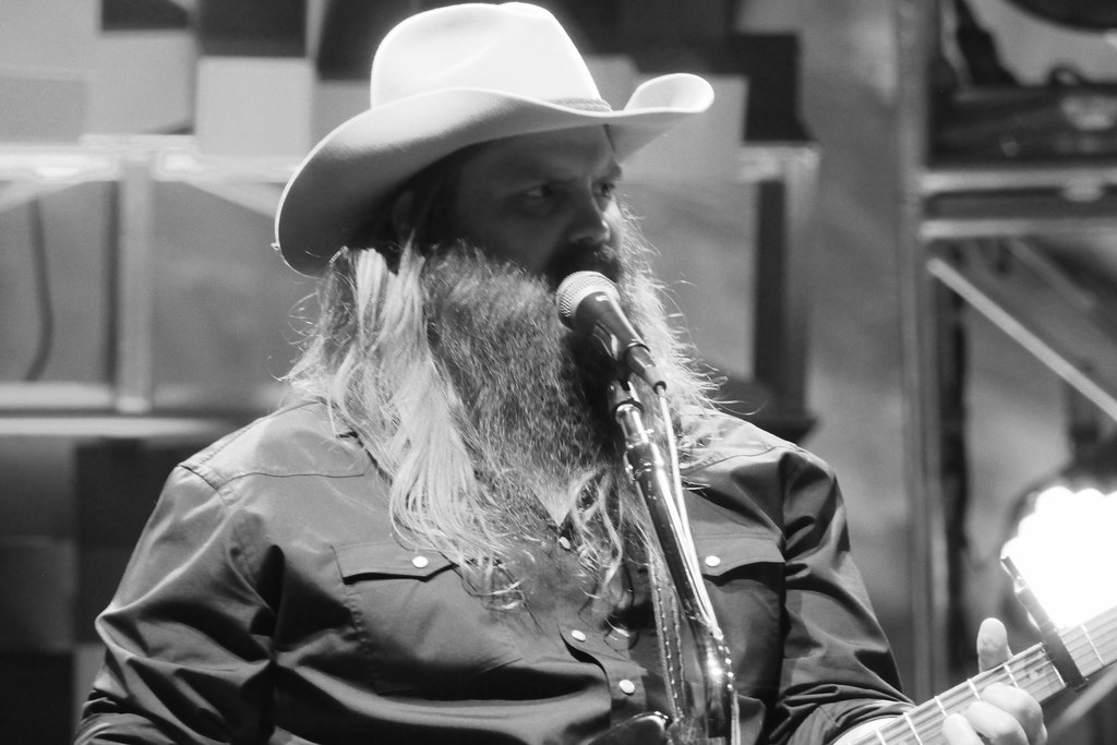 Black-and-white photo of Chris Stapleton performing