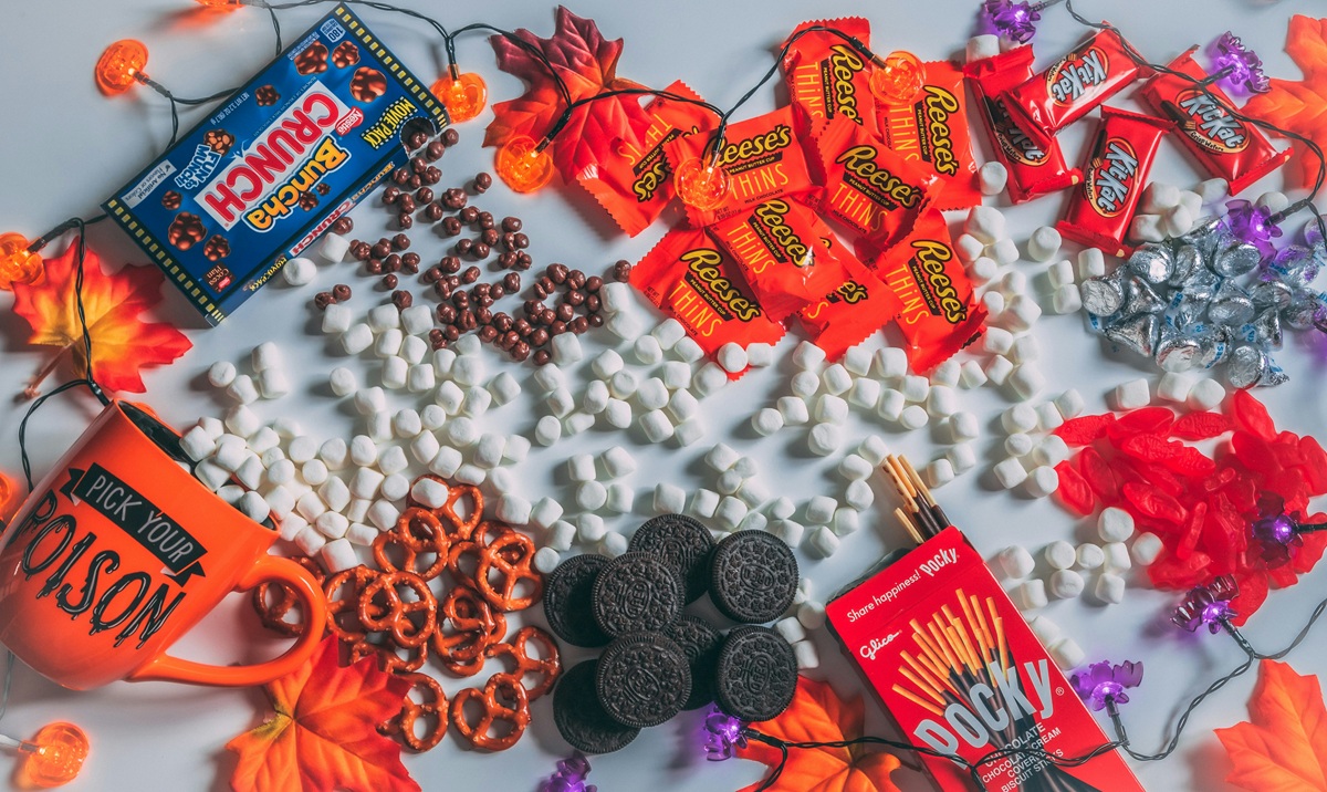 Various candies and treats laid out on a table