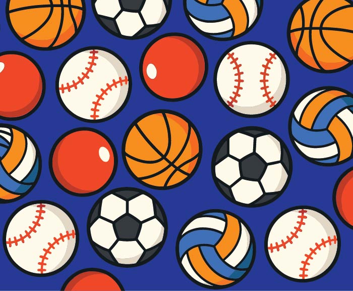 Illustrations of baseballs, basketballs, soccer balls, volleyballs and hockey pucks overtop a blue background.