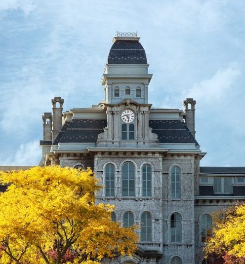 The hall of languages seen through vibrant yellow falling autumn leaves