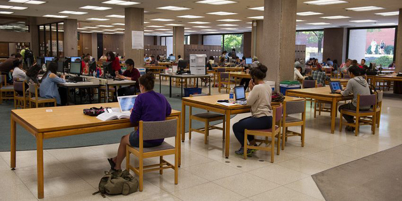 Bird Library ground floor with tables and students seated