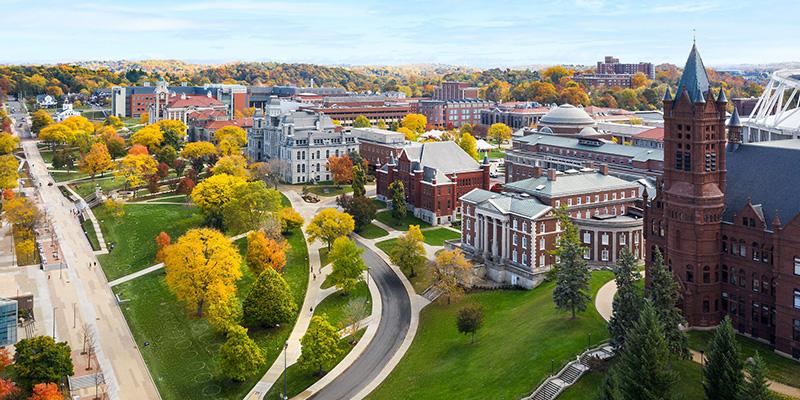 Aerial view of Syracuse University campus. Skyline of buildings.