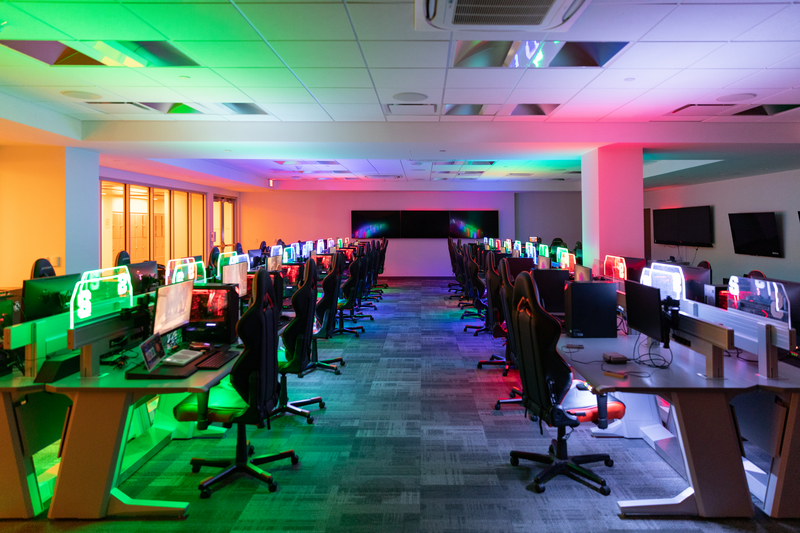 Barnes Center at The Arch Esports Room empty with chairs.